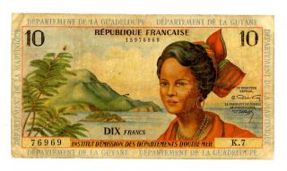 French Antilles.  P - 8b.  10 Francs.  Nd (1964).  F photo