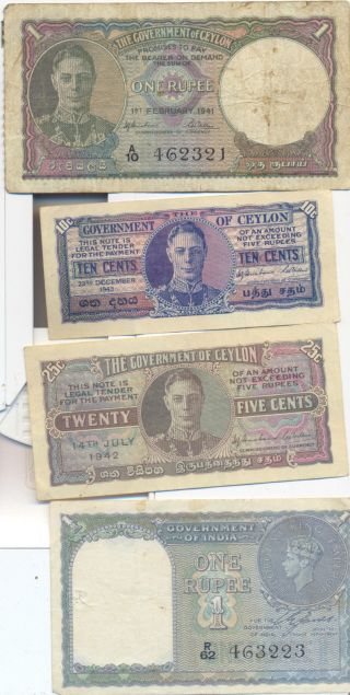George 6th Ceylon 1942 10 Cents 25 Cents 1943 One Rupee 1941 India Rupee 1940 photo