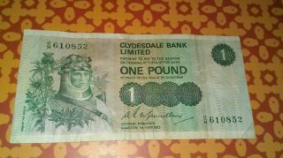 1st Of May,  1972 Clydsedale Bank 1£ Banknote P - 204b Vf Circulated photo