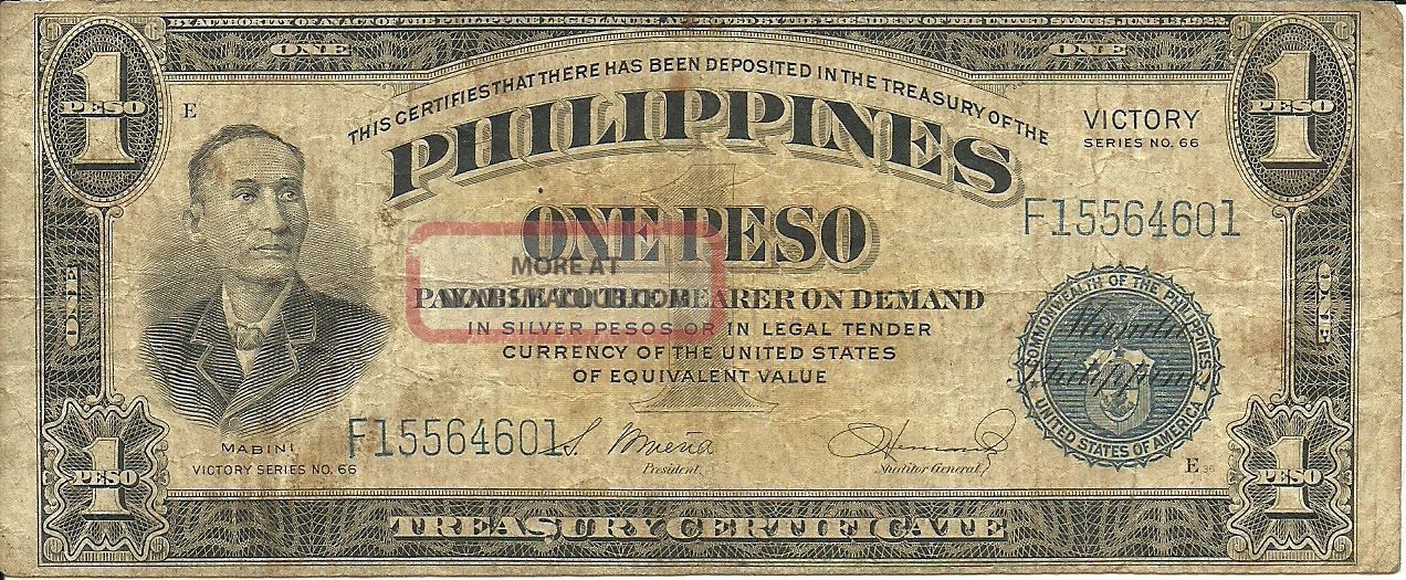 Philippines 1 Peso 1944 Victory Pick 94 Wwii. Asia photo