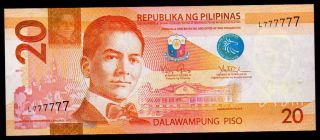 Philippines 20 Peso Banknote Ngc Single Prefix Sn L777777 Aquino/tetangco Unc photo