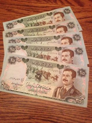 Iraqi P73 25 Dinar X5 Swiss Banknote Saddam Hussein Uniform 1986 Circulated photo