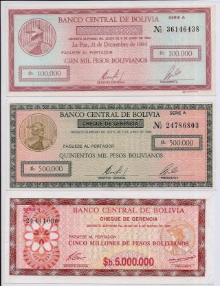 1984 - 85 Bolivia 3 X Cheques De Gerencia Issue Au/unc photo