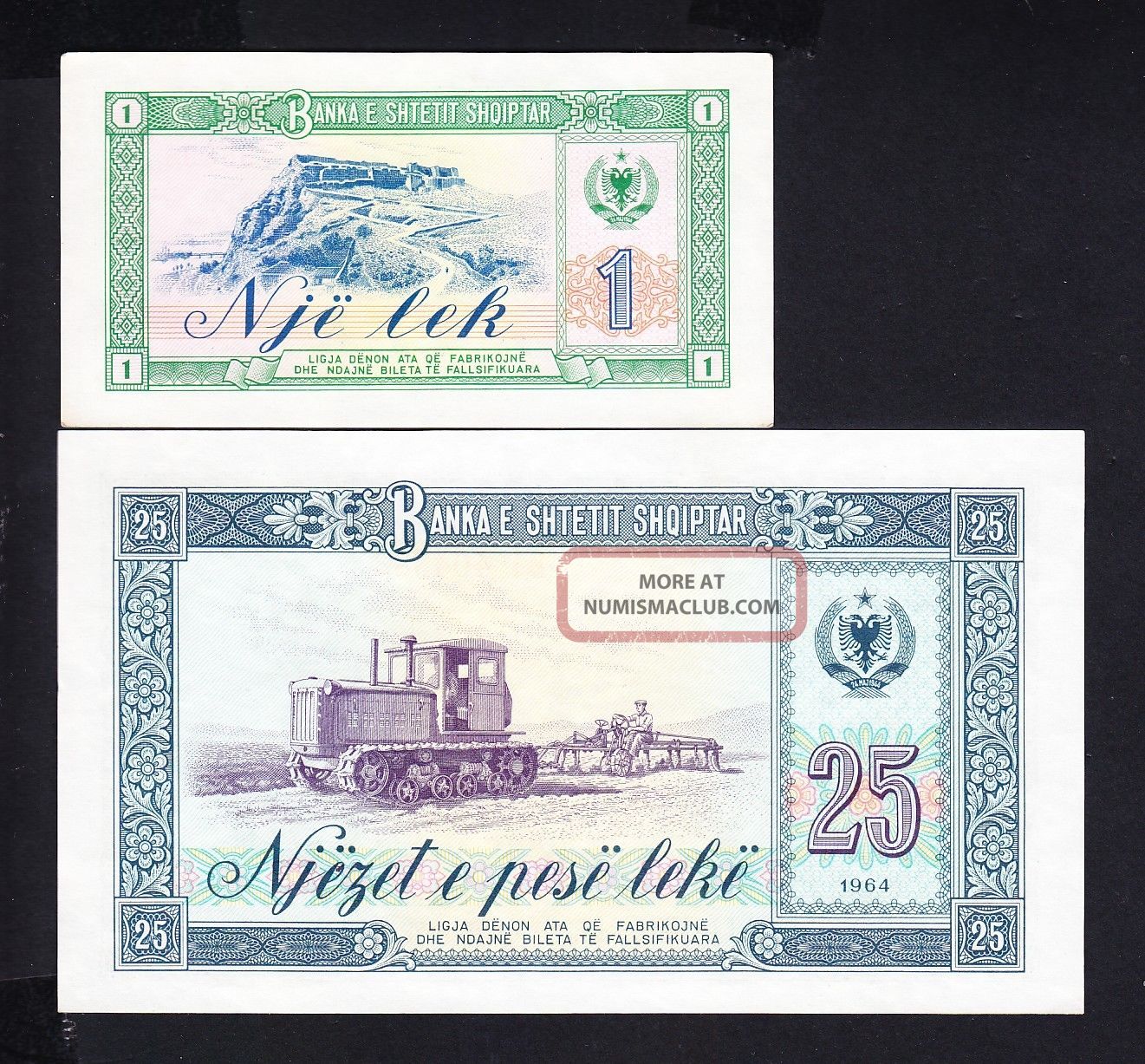 1964 Albania Paper Money,  1,  25leke.  Unc. Europe photo