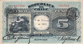 Republica De Chile $5.  - 18 De Nobiembre De 1918 photo