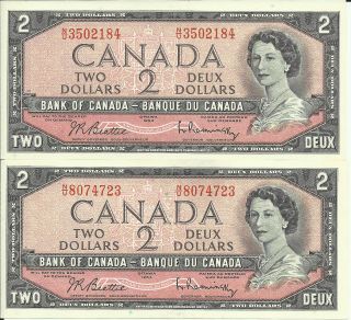 2 X 1954 Uncirculated Canadian $2 Banknote Nu3502184 & Nu8074723 (10516) photo