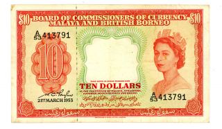 Malaya & British Borneo … P - 3 … 10 Dollars … 1953 … F, photo