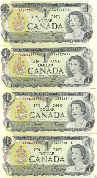 1973 X 3 Pairs Canada One Dollar Bank Note Lawson/bouey All Start With Aa Prefix photo