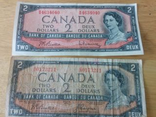 Two Canada 2 Dollar Bills 1954 Ottawa photo