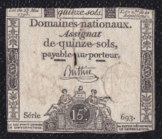 Assignat Of 15 Sols From France Signature Buttin photo