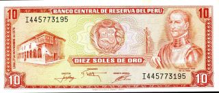 Peru 10 Soles De Oro 17/11/1976 P - 112 Aunc Uncirculated Banknote photo