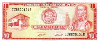 Peru 10 Soles De Oro 16/5/1974 P - 100c Unc Uncirculated Banknote photo