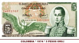 1974 Colombia 5 Pesos Oro - Cordoba. photo