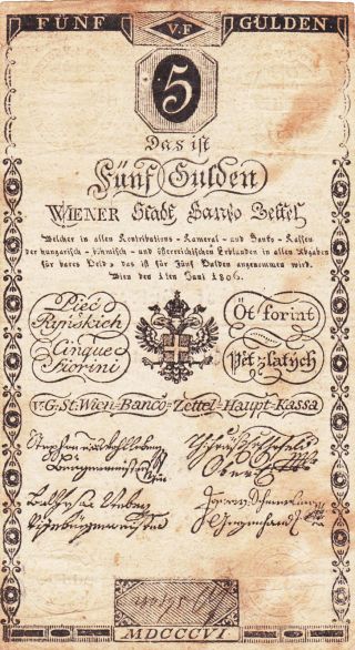 5 Gulden/forint 1806 Rare Fine High Value Note photo