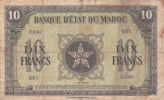 10 Francs From French Morocco 1943 Rare Type Note photo