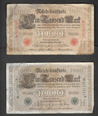 Germany - 2 X 1000 Reichs Banknote 1910 Circulated Paper Money photo