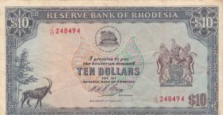 10 Dollar From Rhodesia 1972 Rare British Colony Note photo