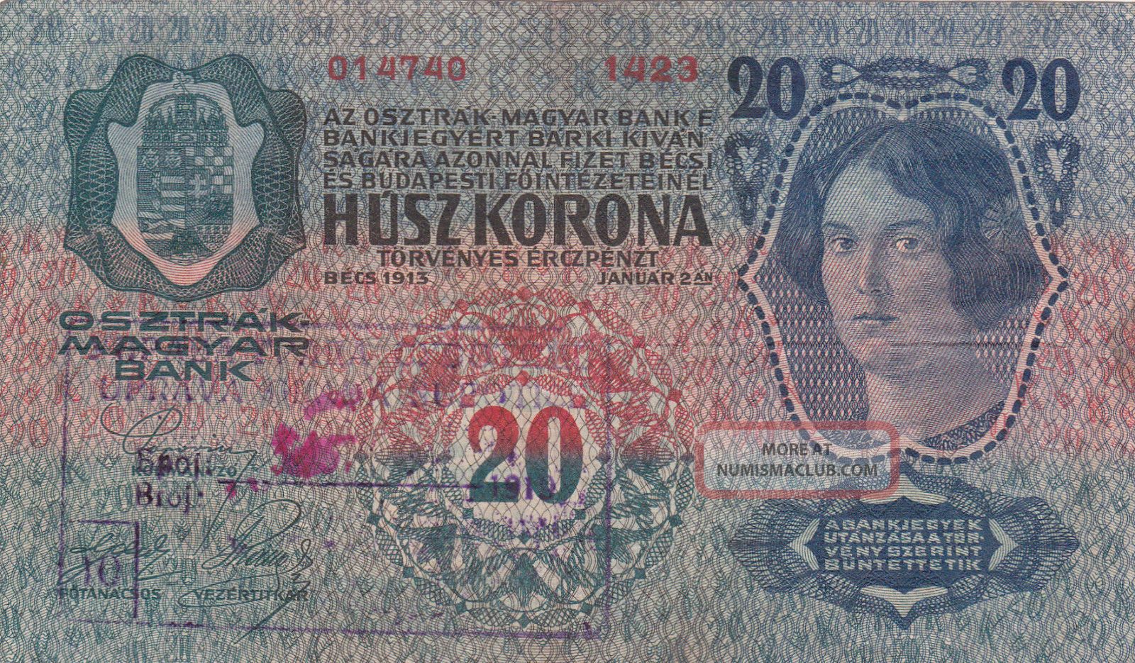 20 Kroner/korona With Stamp From City Of Szabadka/subotica 1919 Rrr Europe photo