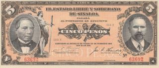 Mexico Revolution El Estado Libre Y Soberano De Sinaloa 5 Pesos 1915 Cu Banknote photo