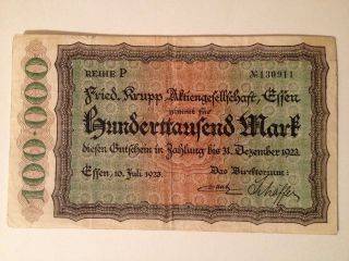 Post Ww1 1923 Germany 100,  000 Mark Banknote Notgeld Hyperinflation Essen 