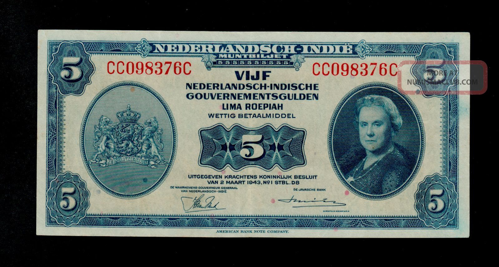Netherlands Indies 5 Gulden 1943 Cc Pick 113a Vf - Xf. Asia photo