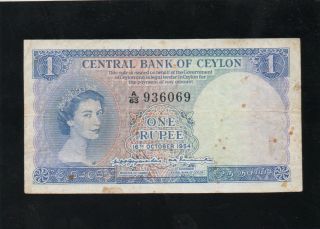 Ceylon 1954 Qe Ii One Rupee Banknote photo