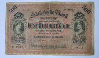 Circulated German Paper Money 500 Mark 06.  15.  1890 Sächsische Bank - Dresden photo