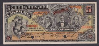 Ecuador El Banco Comercial Agricola 5 Sucres 1 - 2 - 1923 P127b Specimen Unc photo
