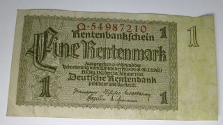 1937 German One 1 Fine Mark Berlin Germany Rentenbank Rentenmark Banknote Money photo