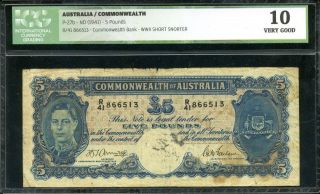 Australia 5 Pounds 1941 P - 27b Vg Icg 10 Wwii Short Snorter Banknote photo