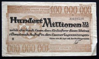 Essen 1923 100 Million Mark Germany Inflation Banknote photo