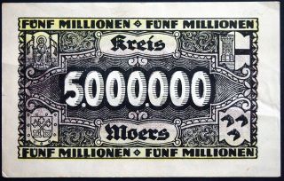 Moers 1923 5 Million Mark Inflation Banknote Germany photo