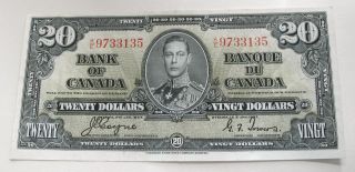 1937 Bank Of Canada $20 Dollars Banknote Bc - 25c Xf Prefix K/e 9733135 photo