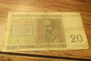 Belgium 20 Francs 1950 In (f - G) Crisp Banknote photo