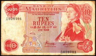 10 Rupees 1967 From Mauritius Rare British Colony Bank Note Old Paper Money Bill photo