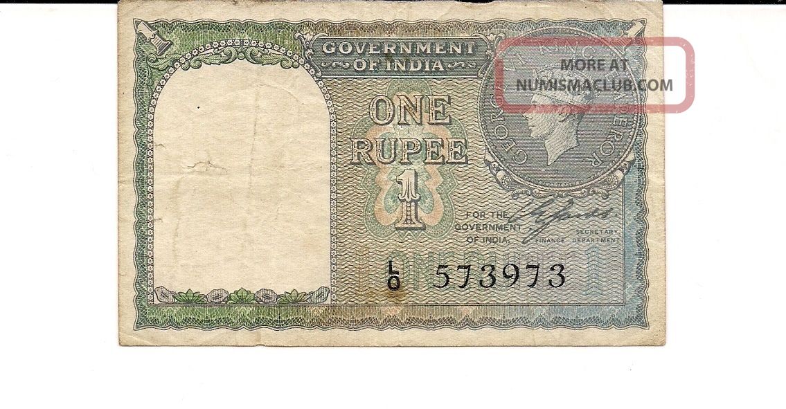 1940 India 1 Rupee One Rupee Bank Note Note With Water Mark Asia photo