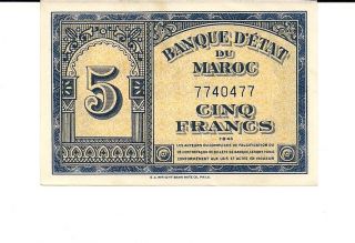 1943 Morocco 5 Francs Note Gorgeous Uncirculated Note W/ Serial Number Ww2 Era photo