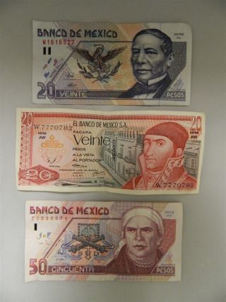 Rare Mexico Bankotes 20 Veinte Pesos & 50 Cincuenta Pesos Years 1973,  1996,  1998 photo