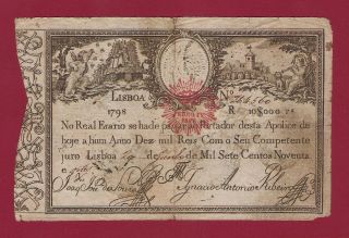 Portugal Imperial Treasury 10.  000 Reis 1798 P - 28 Rare (brazil Azores Madeira) photo