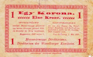 1 Korona/kronen 1919 County Of Moson Rare Soviet Republic Issued Note photo