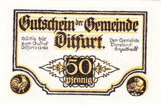 1921 Germany (ditfurt) 50 Pfennig ' Notgeld ' Banknote photo