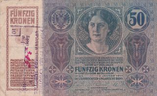 50 Kroner/korona With A Local Overstamp From City Of Szabadka/subotica 1919 Rr photo