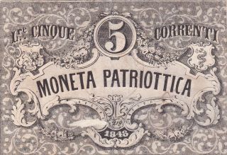 5 Lire From Venice 1848 Moneta Patriotica Note Very Scarce Issue photo