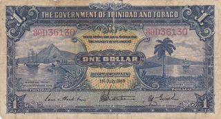 1 Dollar From Trinidad 1949 Rare Issued Vg Note British Colony Note photo
