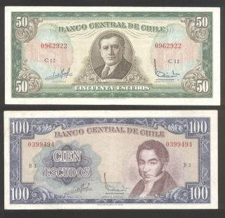Chile,  Banknote,  2 Items,  50 And 100 Escudos 1967,  P 140 A And 141 A photo