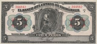 El Banco Del Estado De Chihuahua 5 Pesos 1913 Mexico Revolution Banknote Xf photo