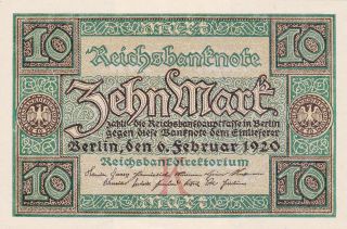 10 Reichs Marks From Germany From 1920 Aunc Note photo