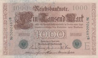 1000 Reichs Marks From Germany From 1910 Very Fine Note photo