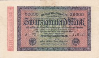 20 000 Reichs Marks From Germany From 1923 Very Fine Note photo