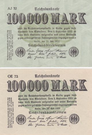 2 Different 100 000 Reichs Marks From Germany From 1923 Very Fine Note photo